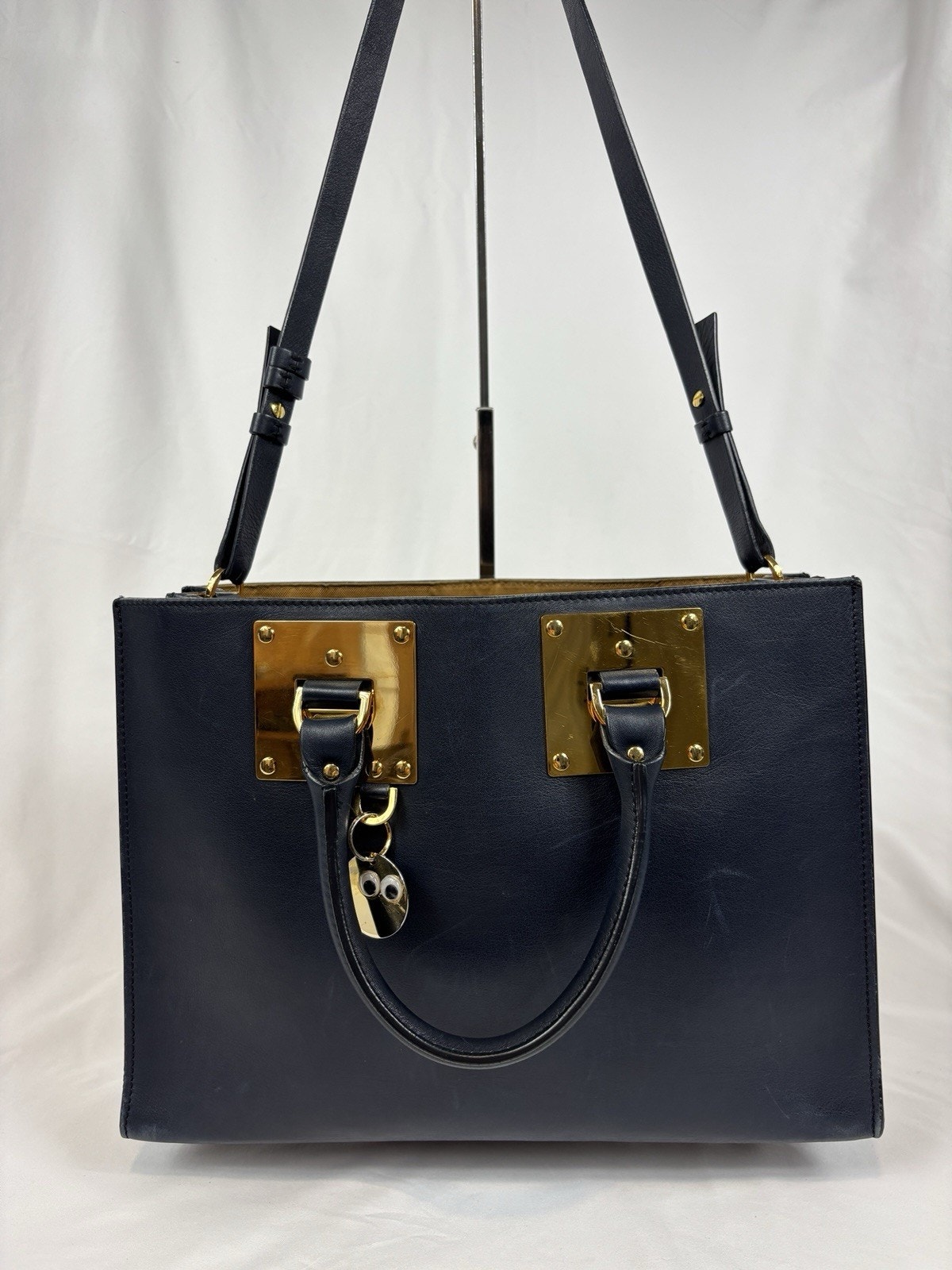 Sophie Hulme Albion Tote Bag Navy Blue Leather Top Handle Shoulder Strap